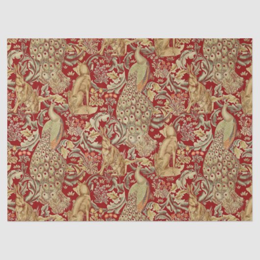 BOSDIEREN, FOX, PEACOCK, HARE IN RODE PLANTEN TISSUEPAPIER (Voorkant)