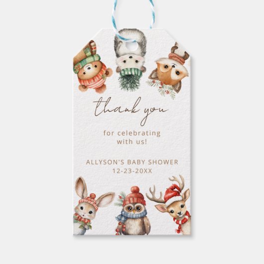 Bosdieren Kerstwinter baby shower Cadeaulabel (Voorkant)