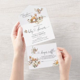 Bosdieren Pompoen Herfst Bloemen Baby shower All In One Uitnodiging