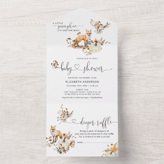 Bosdieren Pompoen Herfst Bloemige Baby Shower All In One Uitnodiging (Binnen)