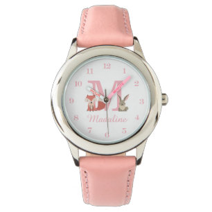 Bosdieren Roze Baby Meisje Initiaal Monogram Horloge