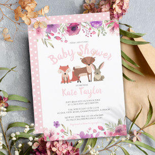 Bosdieren Roze Bloemen Meisje Baby Shower Kaart