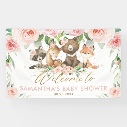 Bosdieren Roze Bloemige Baby Shower Achtergrond Spandoek (Horizontaal)