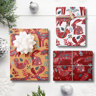 Bosdieren Scandinavische Volkskunst Kerstmis Inpakpapier Vel
