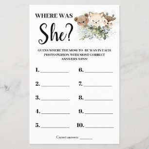 Bosdieren Waar was mama? Baby Shower spelkaart Flyer