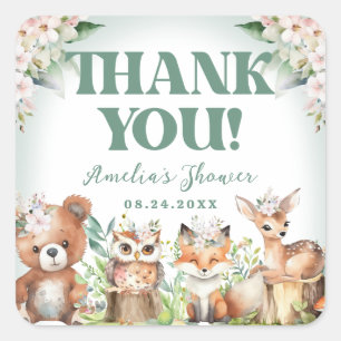 Bosdieren Zacht Groen & Bloemen Baby shower Vierkante Sticker