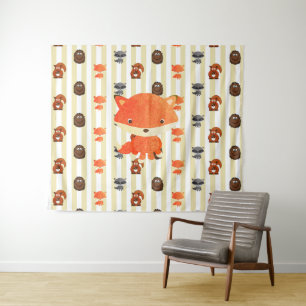 Bosdierentapijt met vos en wasbeer wandkleed