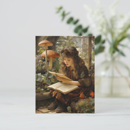 Bosfee die een boek leest tussen paddenstoelen briefkaart (Staand voorkant)