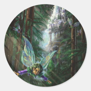 Bosfeeën en Waterval Kasteel Kunst Ronde Sticker