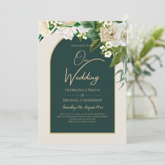 Bosgroen Goud Witte Rozen Winter Huwelijk Kaart (Staand voorkant)