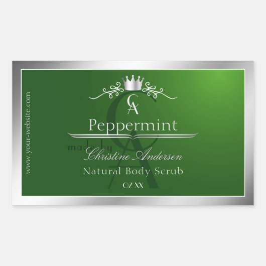 Bosgroen productlabel zilveren frame monogram rechthoekige sticker (Voorkant)