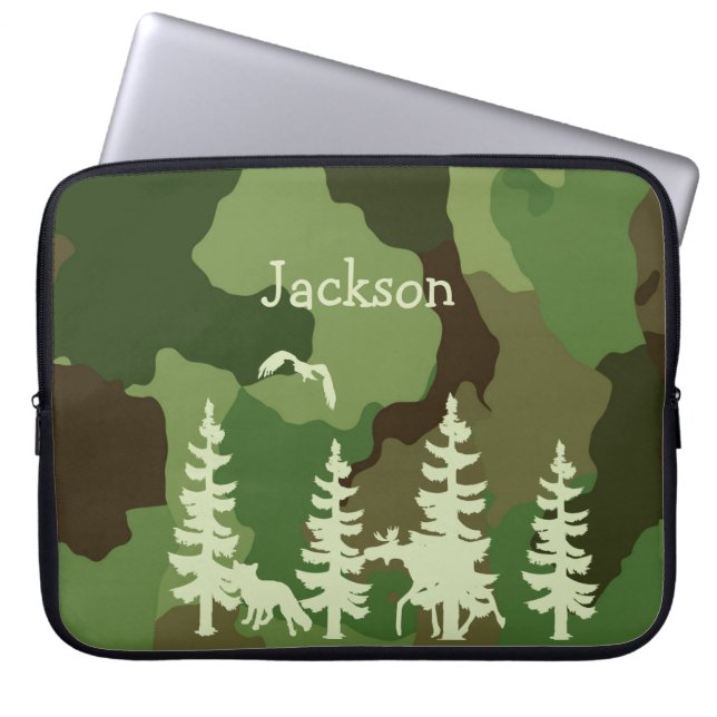 Bosgroene jagers, camouflage en druk op wilde dier laptop sleeve (Voorkant)