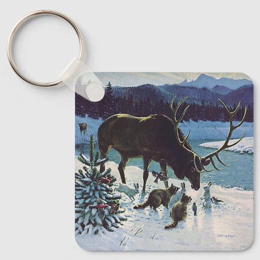 boskaarten en Elk in Winter Snow Sleutelhanger (Voorkant)