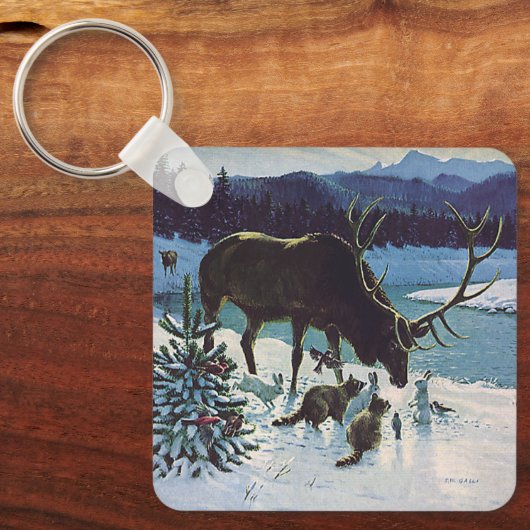 boskaarten en Elk in Winter Snow Sleutelhanger (Voorkant)