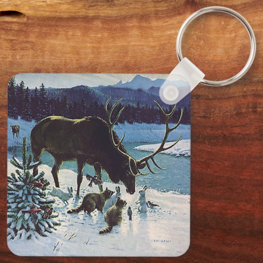  boskaarten en Elk in Winter Snow Sleutelhanger (Achterkant)