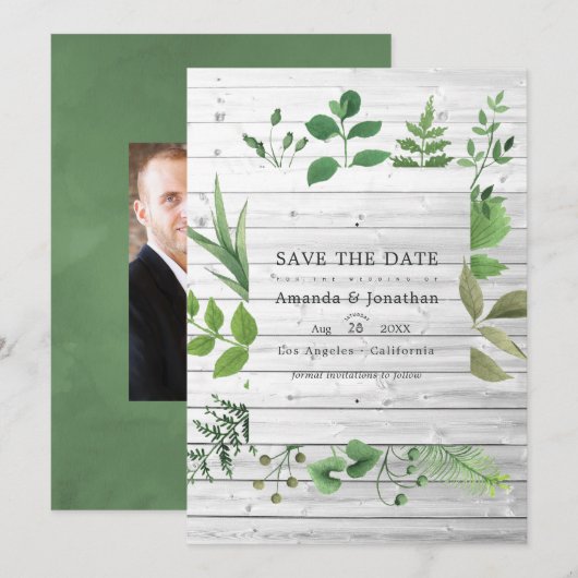 Bosland bosgroen rustieke trouwfoto save the date (Voorkant / Achterkant)