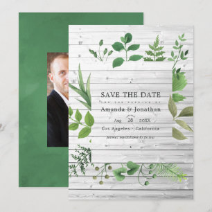 Bosland bosgroen rustieke trouwfoto save the date