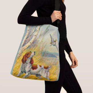 boslandschap met hond en vogel crossbody tas