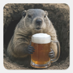 Bosmarmot Met Bierpul Vierkante Sticker