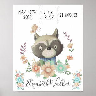 bosnvriend baby racoon geboortestaat monogram poster