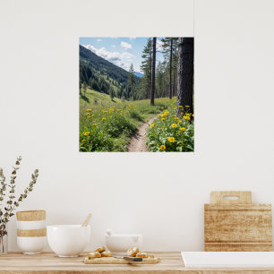 Bospad met gele wilde bloemen poster