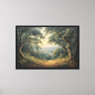 Bospad naar nevelige vallei canvas afdruk