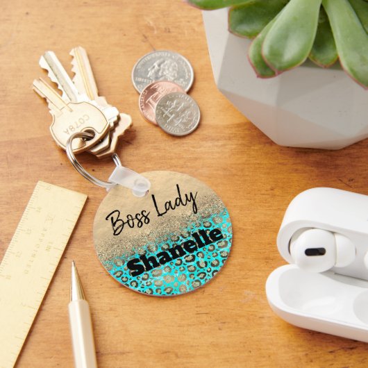 Boss Lady Glittery Turquoise Leopard Custom Sleutelhanger (Bureau)