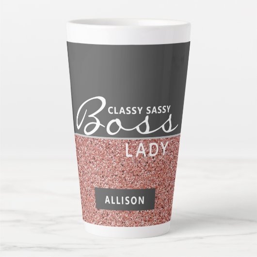 Boss Lady Roos Goud Roze Glitter Gepersonaliseerd Latte Mok (Voorkant)