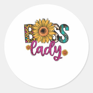 Boss Lady Zonnebloem Luipaard Koe Print Empowering Ronde Sticker