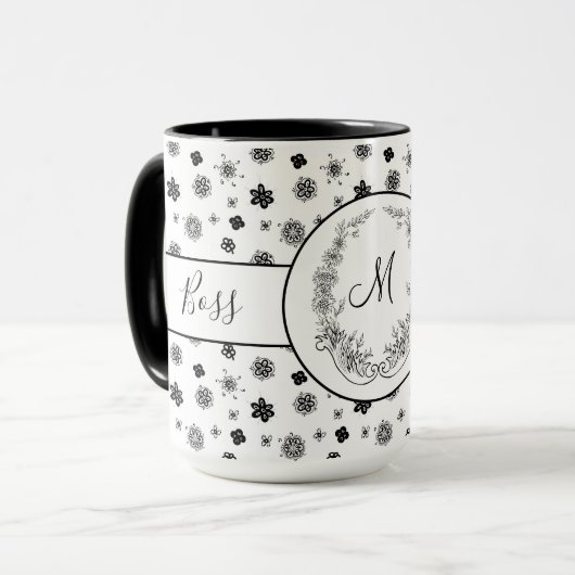 Boss Lady Zwart Monogram Ringer 15oz Mok (Voorkant links)