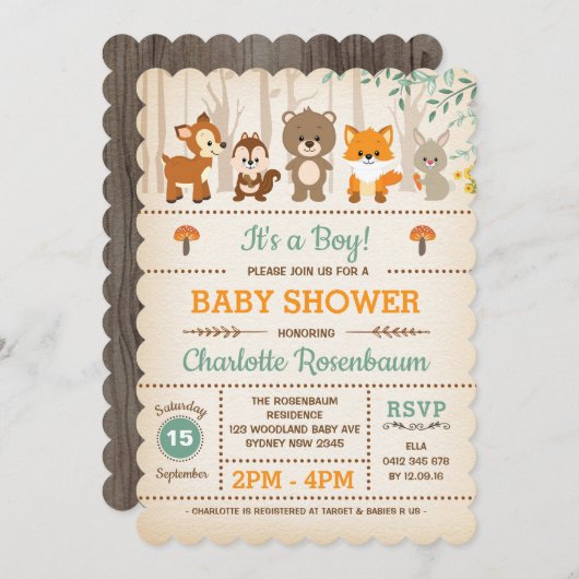 Bossen Baby shower Invitation Forest Animals Kaart (Voorkant / Achterkant)