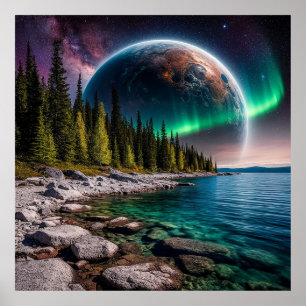 Bosstrand onder een kosmische hemel met Aurora Poster