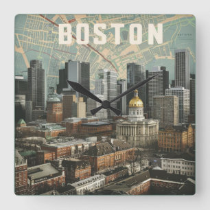 Boston, Boston Massachusetts Stadsgezicht Met Kaar Vierkante Klok