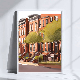 Boston Brownstones   Beacon Street Aquarel Kunst Poster
