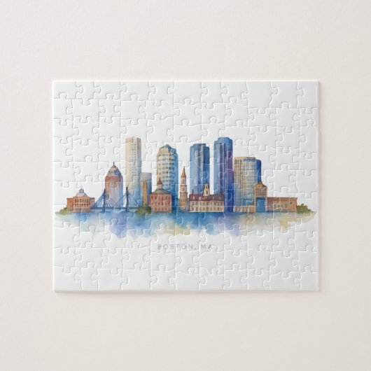 Boston City Skyline Waterverf | Modern Boston MA Legpuzzel (Horizontaal)