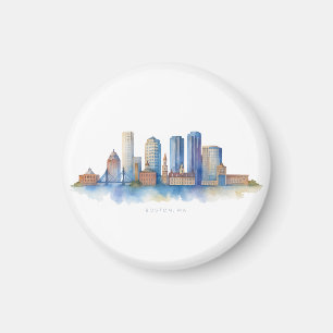 Boston City Skyline Waterverf   Modern Boston MA Magneet