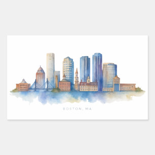 Boston City Skyline Waterverf   Modern Boston MA Rechthoekige Sticker