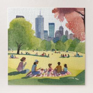 Boston Common Picknick Zomer Waterverfschilderij Legpuzzel