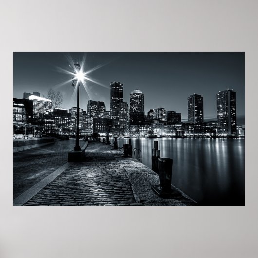 Boston Harbour B&W Night Poster (Voorkant)