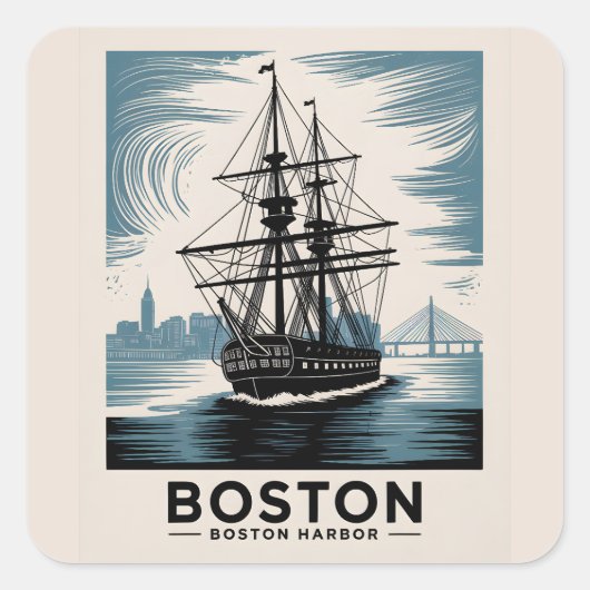Boston Harbour Retro Tall Ship  Nautical Vierkante Sticker (Voorkant)