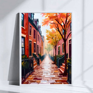 Boston Herfst Aquarel Beacon Hill Massachusetts Poster