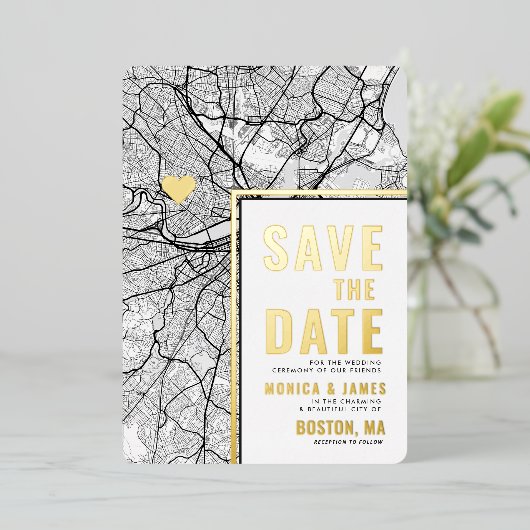 Boston Love Locator | Stadskaart Opslaan datum Folie Uitnodiging (Staand Voorkant)