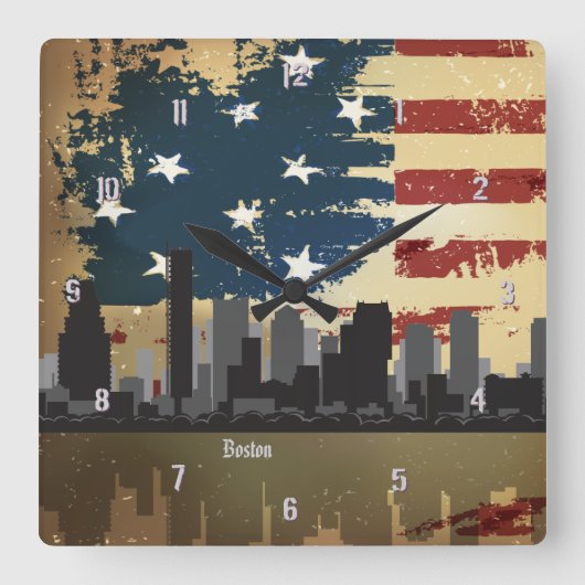 Boston, MA American Cities CityScape Wall Clock Vierkante Klok (Voorkant)