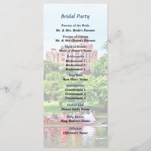 Boston MA Boston Public Garden Wedding Program Programma (Achterkant)