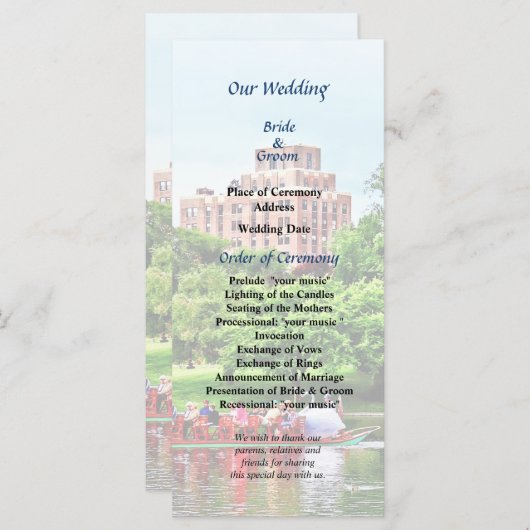 Boston MA Boston Public Garden Wedding Program Programma (Voorkant / Achterkant)