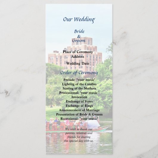 Boston MA Boston Public Garden Wedding Programme (Devant)