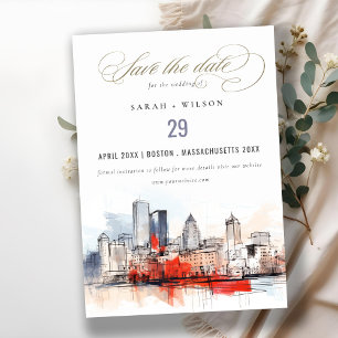 Boston Massachusetts City Scape Waterverf bruiloft Save The Date