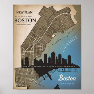 Boston Massachusetts City Skyline met  kaart Poster