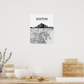 Boston Massachusetts City Skyline met Map Poster (Keuken)