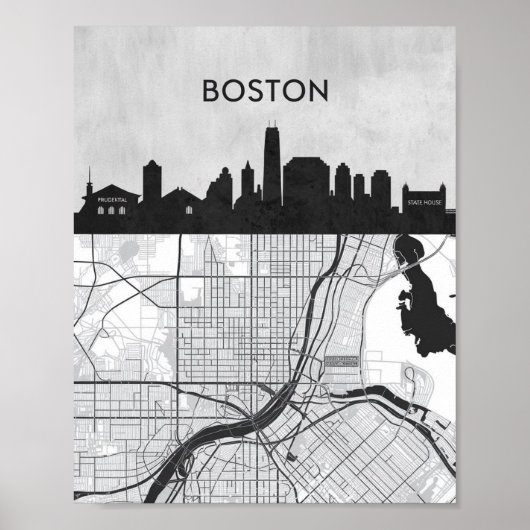 Boston Massachusetts City Skyline met Map Poster (Voorkant)